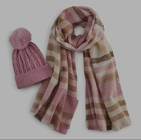Nine West Accessories - Nine West Plaid Scarf and Pom Beanie Set